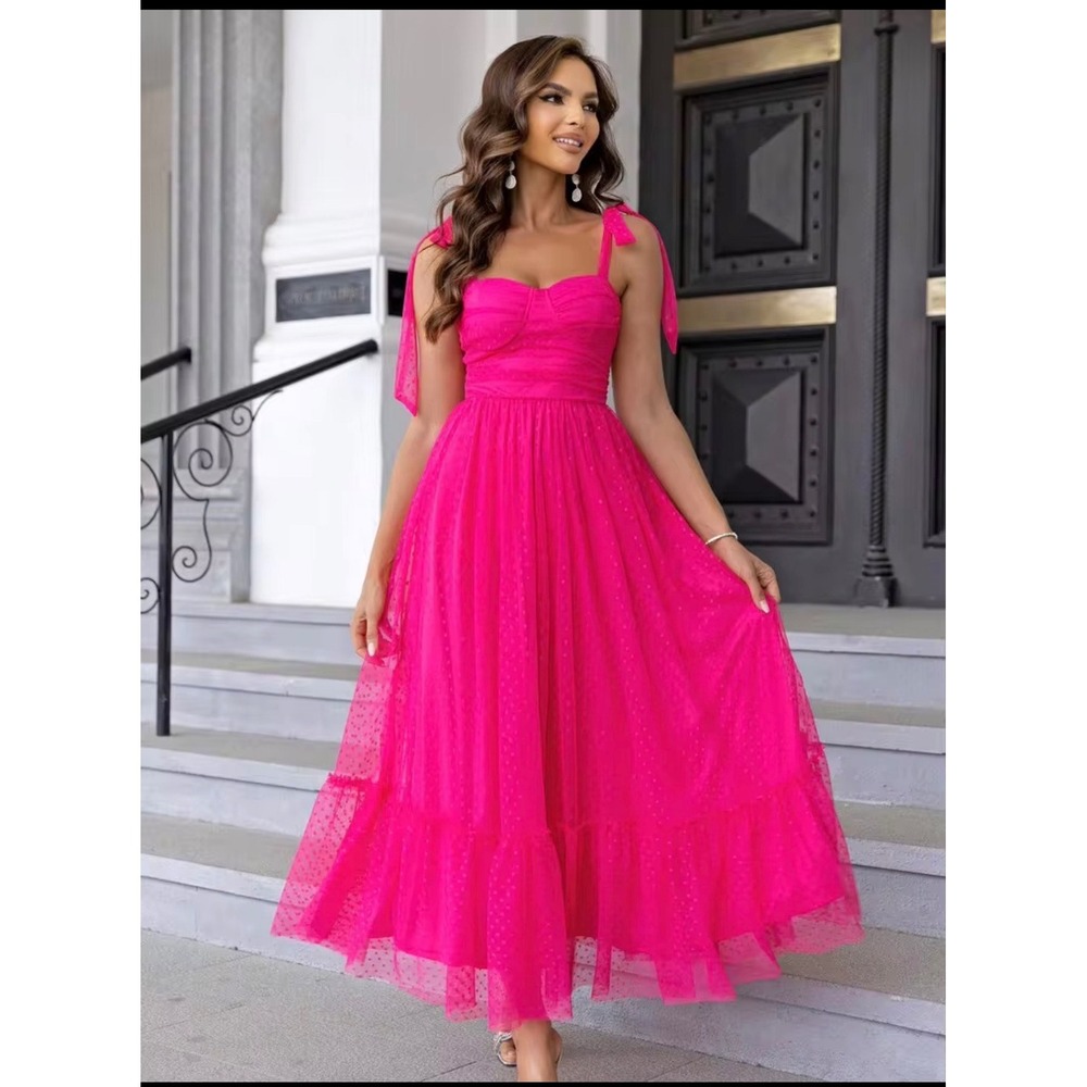 Joyfunear Hot Pink Swiss Dot Tulle Bustier Midi Dress Tie Shoulder L NWOT